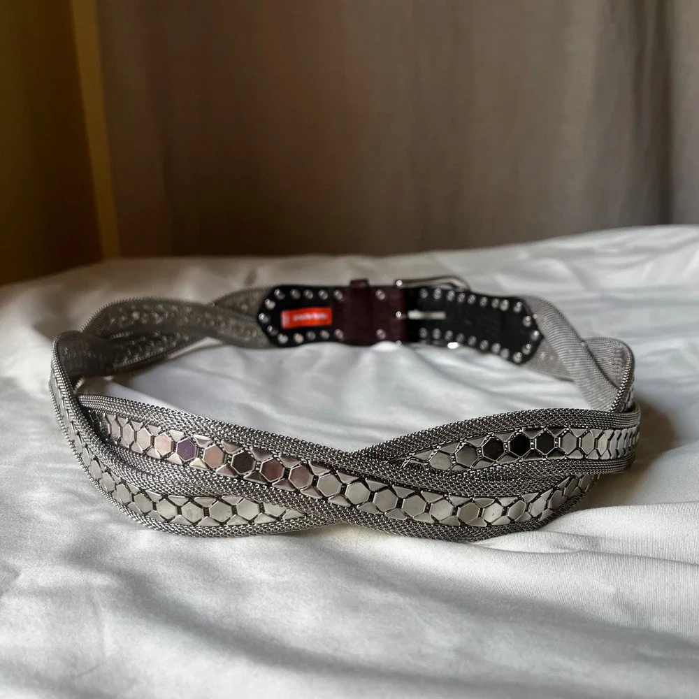 Nanni Italy Silver Mesh Leather Studded Belt 85/32 Brown Made in Italy